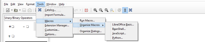Showing the LibreOffice Math tools menu